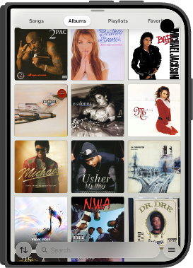 iPhone Duo with albums as a cover grid, search, and Songs, Albums, Playlists, and Favorites.