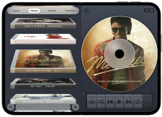 iPhone Duo open in Night Sky, albums beside the disc.