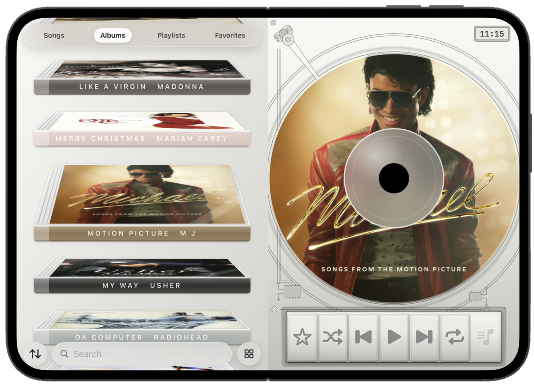 iPhone Duo open in Star White, albums beside the disc.