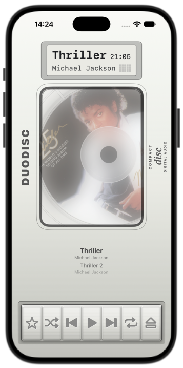iPhone with the DuoDisc player and its disc door around the album.