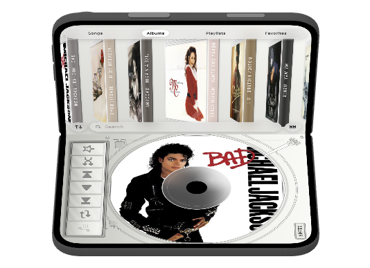 iPhone Duo opened like a laptop, albums on the lid and the disc on the base.