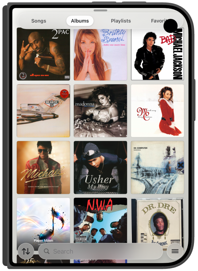 iPhone Duo with albums as a cover grid, search, and Songs, Albums, Playlists, and Favorites.