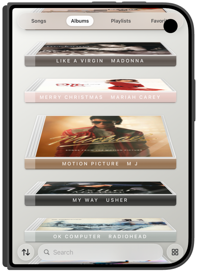 iPhone Duo with albums as a list, search, and Songs, Albums, Playlists, and Favorites.